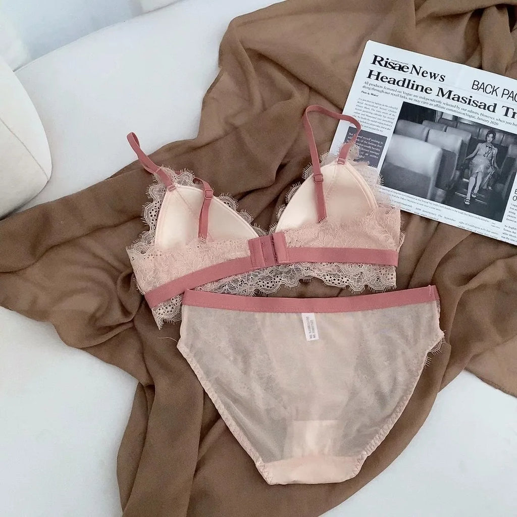 Full Lace Triangle Cup Candy Color Young Girls Dress Intimates Small Bra And Panty Fashion Woman Comfortable Thin Cotton Underwe