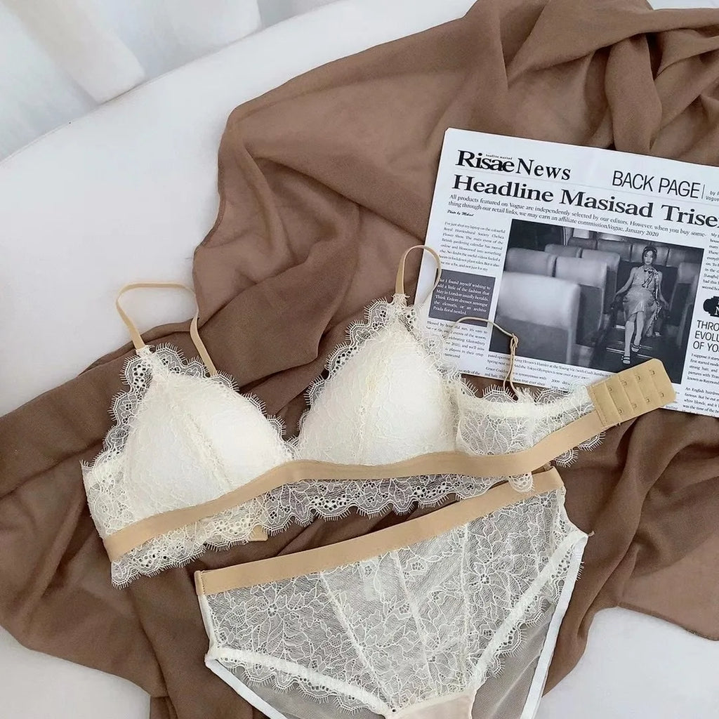 Full Lace Triangle Cup Candy Color Young Girls Dress Intimates Small Bra And Panty Fashion Woman Comfortable Thin Cotton Underwe