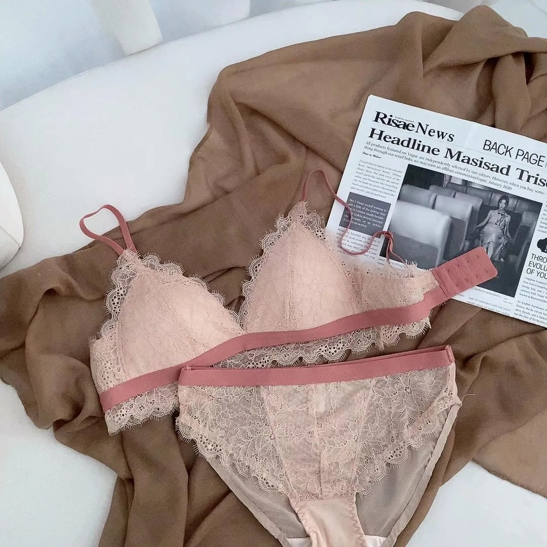 Full Lace Triangle Cup Candy Color Young Girls Dress Intimates Small Bra And Panty Fashion Woman Comfortable Thin Cotton Underwe