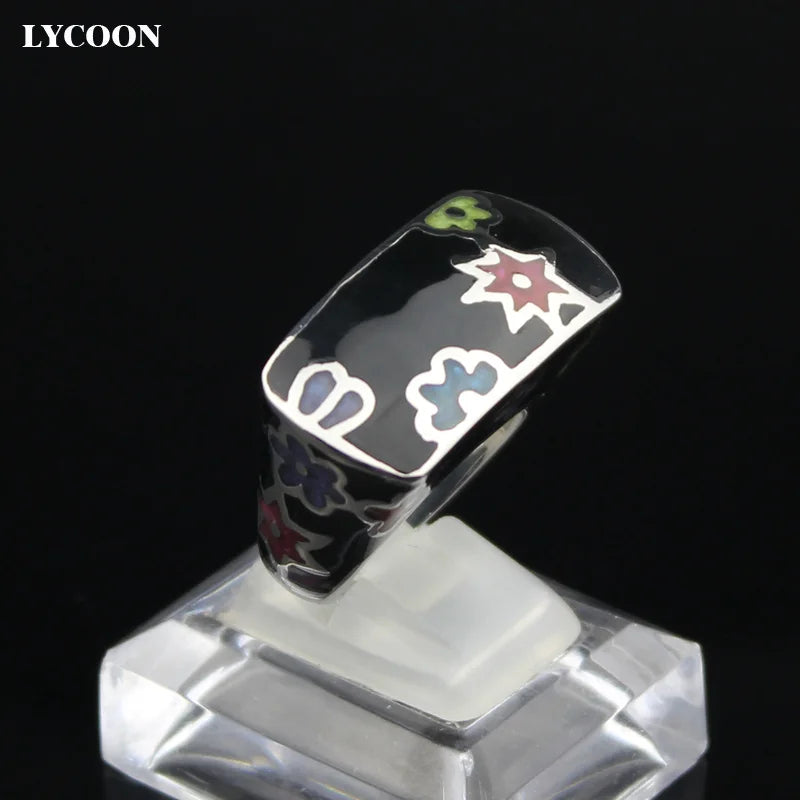 LYCOON Fashion Woman Colorful Flowers Resin Rings Stainless Steel Polishing Imported Black Enamel Square shape Ring