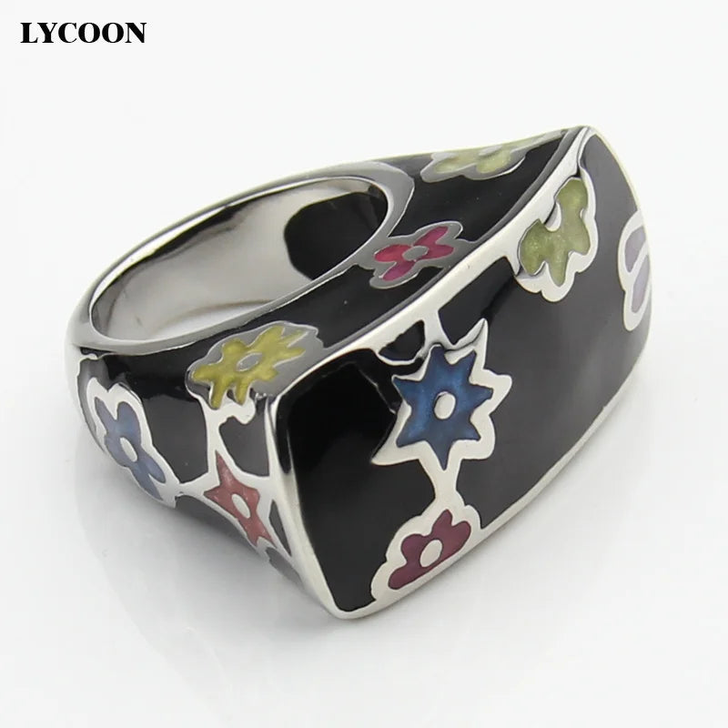 LYCOON Fashion Woman Colorful Flowers Resin Rings Stainless Steel Polishing Imported Black Enamel Square shape Ring