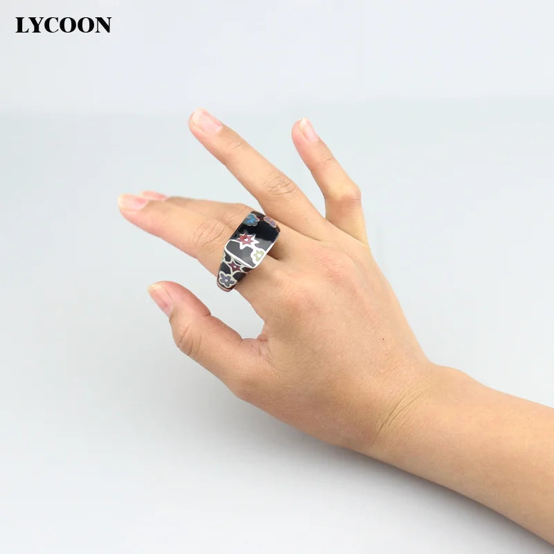 LYCOON Fashion Woman Colorful Flowers Resin Rings Stainless Steel Polishing Imported Black Enamel Square shape Ring