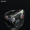 LYCOON Fashion Woman Colorful Flowers Resin Rings Stainless Steel Polishing Imported Black Enamel Square shape Ring