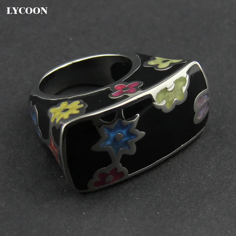 LYCOON Fashion Woman Colorful Flowers Resin Rings Stainless Steel Polishing Imported Black Enamel Square shape Ring