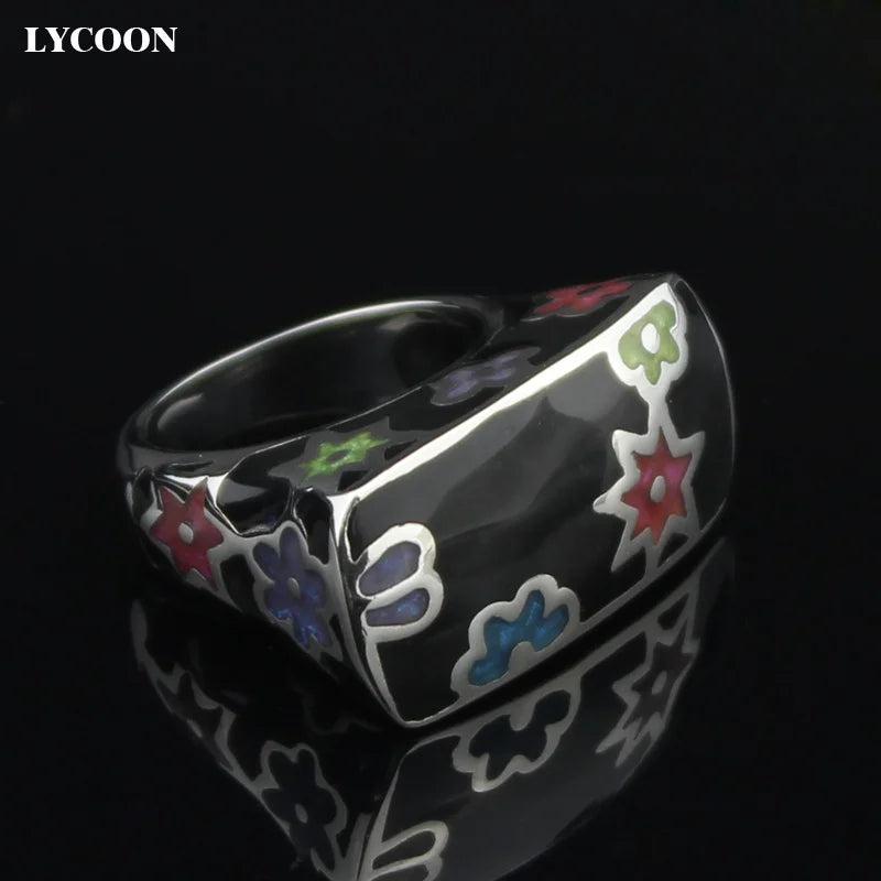 LYCOON Fashion Woman Colorful Flowers Resin Rings Stainless Steel Polishing Imported Black Enamel Square shape Ring