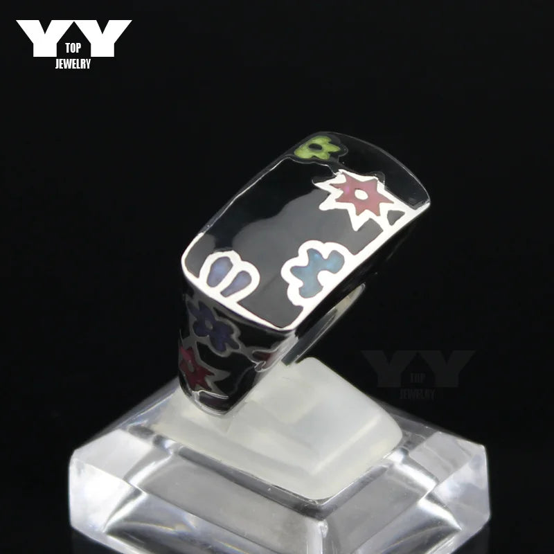 LYCOON Fashion Woman Colorful Flowers Resin Rings Stainless Steel Polishing Imported Black Enamel Square shape Ring