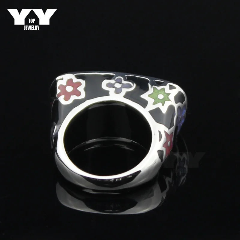 LYCOON Fashion Woman Colorful Flowers Resin Rings Stainless Steel Polishing Imported Black Enamel Square shape Ring