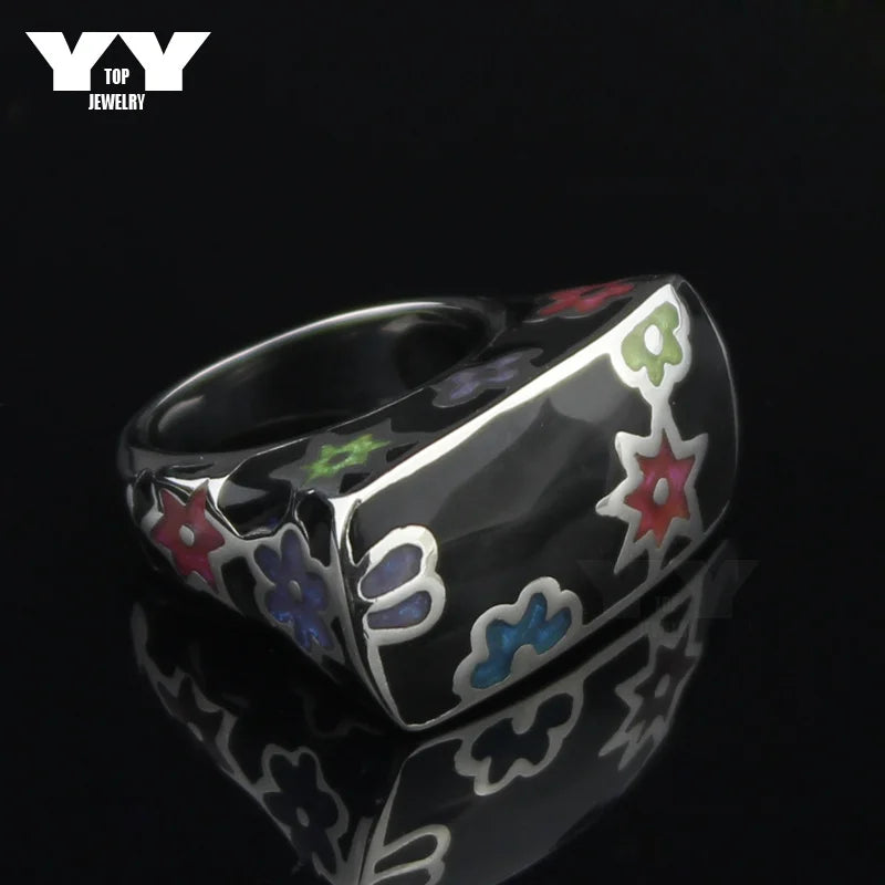 LYCOON Fashion Woman Colorful Flowers Resin Rings Stainless Steel Polishing Imported Black Enamel Square shape Ring