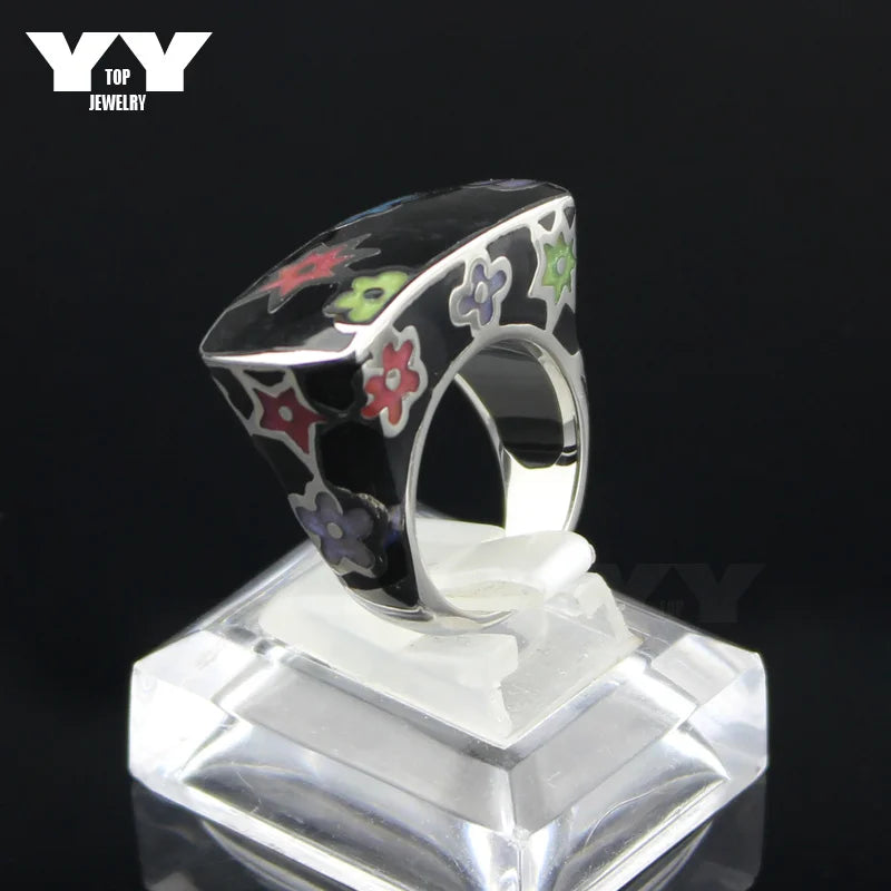 LYCOON Fashion Woman Colorful Flowers Resin Rings Stainless Steel Polishing Imported Black Enamel Square shape Ring