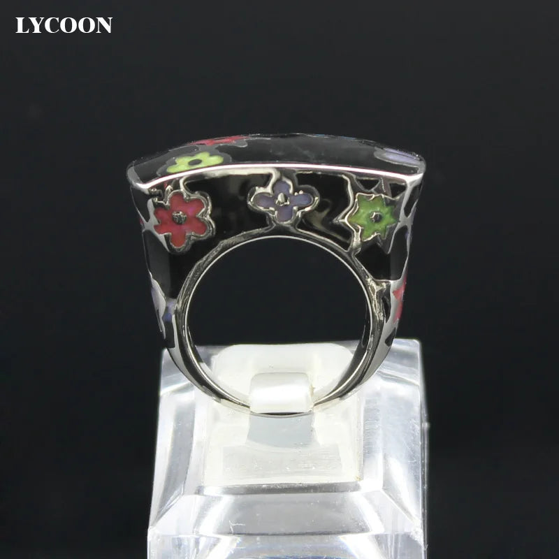 LYCOON Fashion Woman Colorful Flowers Resin Rings Stainless Steel Polishing Imported Black Enamel Square shape Ring