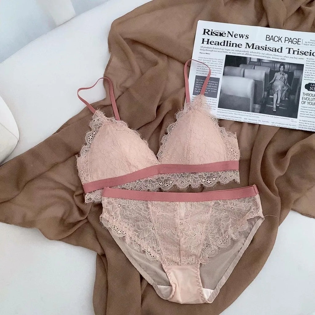 Full Lace Triangle Cup Candy Color Young Girls Dress Intimates Small Bra And Panty Fashion Woman Comfortable Thin Cotton Underwe