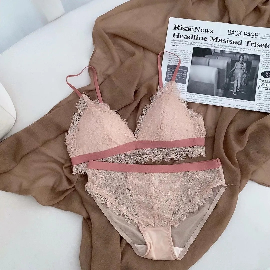 Full Lace Triangle Cup Candy Color Young Girls Dress Intimates Small Bra And Panty Fashion Woman Comfortable Thin Cotton Underwe