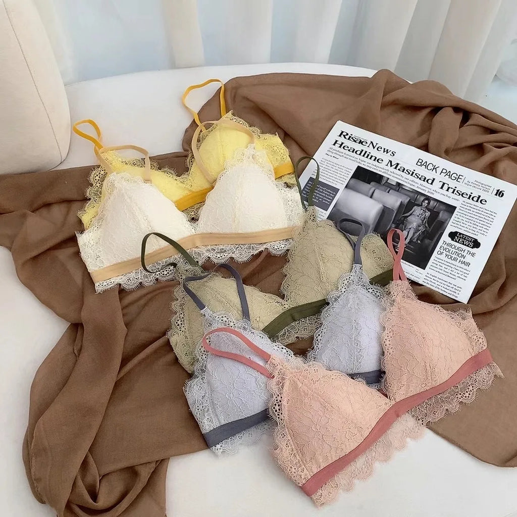 Full Lace Triangle Cup Candy Color Young Girls Dress Intimates Small Bra And Panty Fashion Woman Comfortable Thin Cotton Underwe