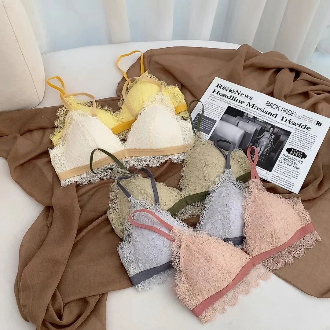 Full Lace Triangle Cup Candy Color Young Girls Dress Intimates Small Bra And Panty Fashion Woman Comfortable Thin Cotton Underwe
