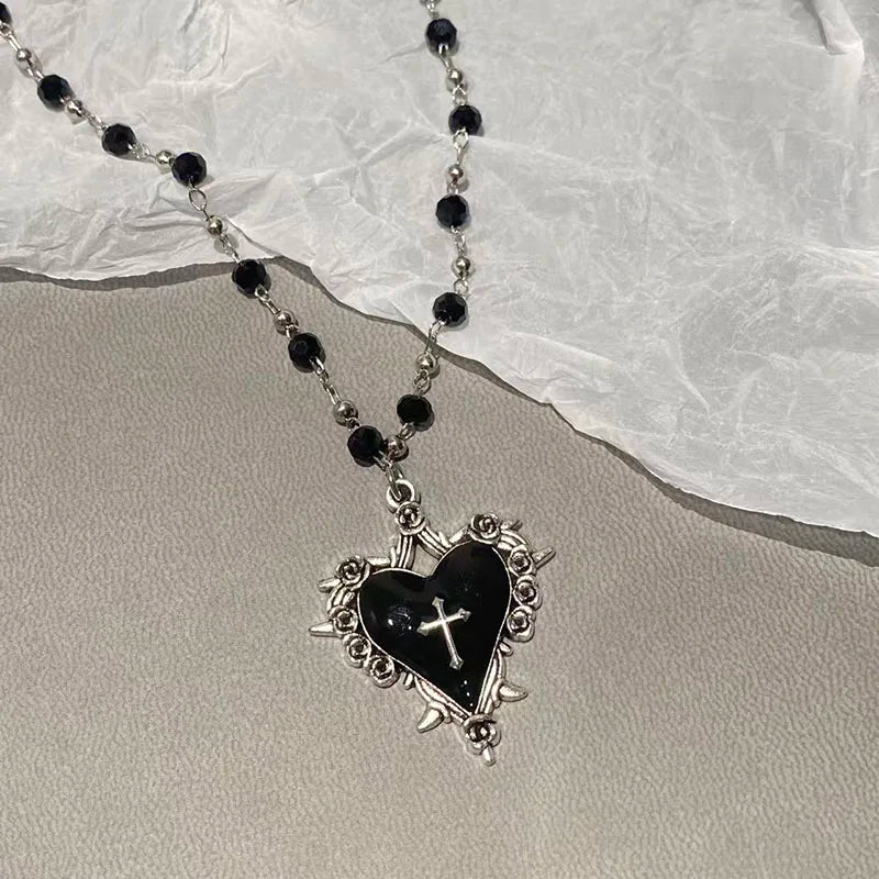 Halloween Vintage Gothic Bat Cross Dark Pendant Necklace Y2K Punk Thorn Love Black Bead Stacked Necklace Jewelry Gifts