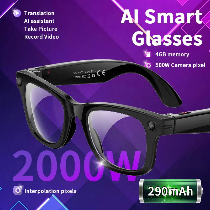 AI 5 Million Pixels Smart Glasses Recording Videos Photo Recognition Answer Translation 290mAh IP66 Waterproof Bluetooth Glasses