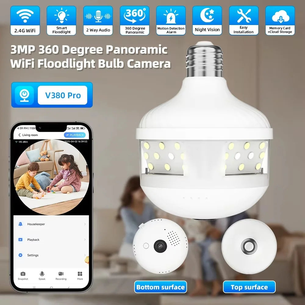 V380 PRO App Fisheye Len 360 Panoramic View E27 Socker Holder Bulb 3MP Camera Night Vision WiFi CCTV Camera