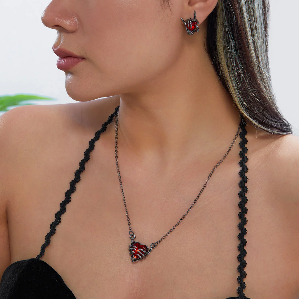 Halloween Skull Hand Jewelry Set for Women Black Red Crystal Heart Necklace Stud Earrings Gothic Party Accessories Jewelry Gift
