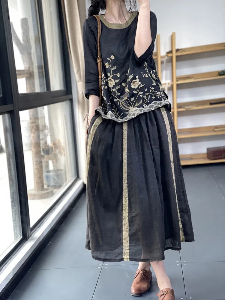 THHONE Summer Fashion Woman Tees 2025 Floral O-Neck T Shirt Tops Casual Vintage Patchwork Loose Embroidery Camisetas Top Mujer