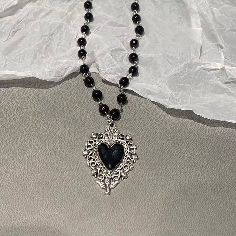 Halloween Vintage Gothic Bat Cross Dark Pendant Necklace Y2K Punk Thorn Love Black Bead Stacked Necklace Jewelry Gifts