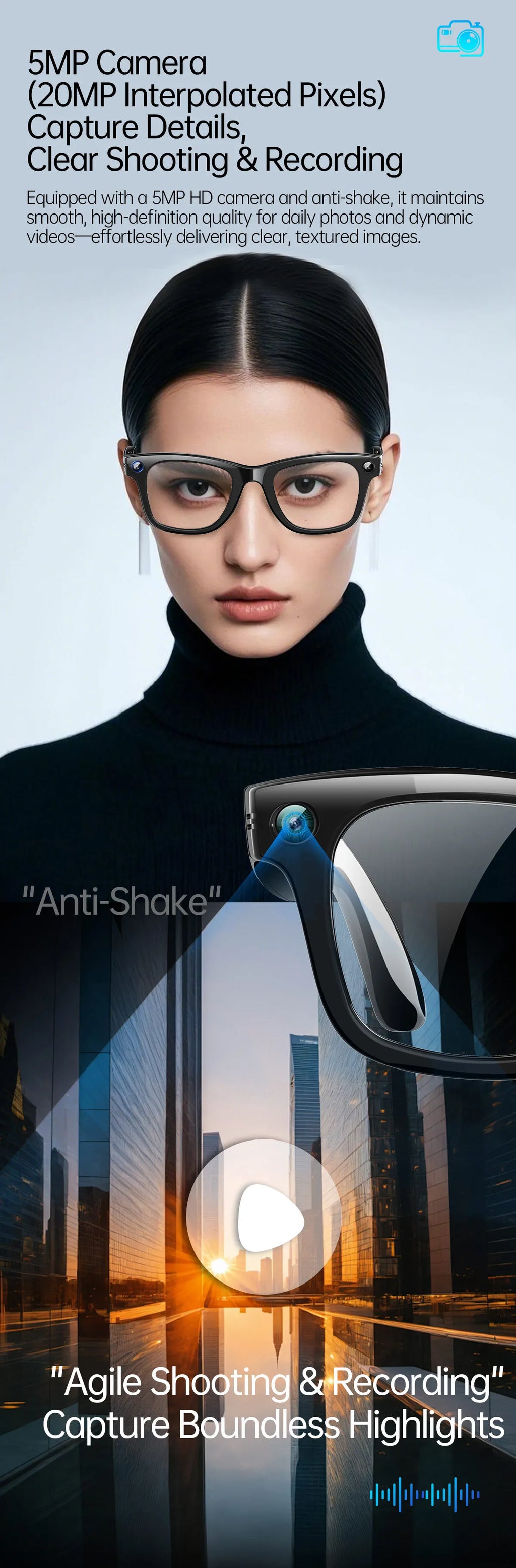 AI 5 Million Pixels Smart Glasses Recording Videos Photo Recognition Answer Translation 290mAh IP66 Waterproof Bluetooth Glasses
