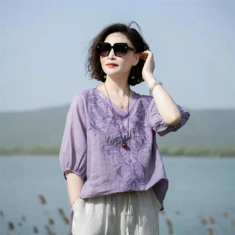THHOEN Plus Size Fashion Woman Blouse Cotton Linen Casual Blusa Mujer Camisas Women's Clothing Summer Embroidery V-Neck Vintage