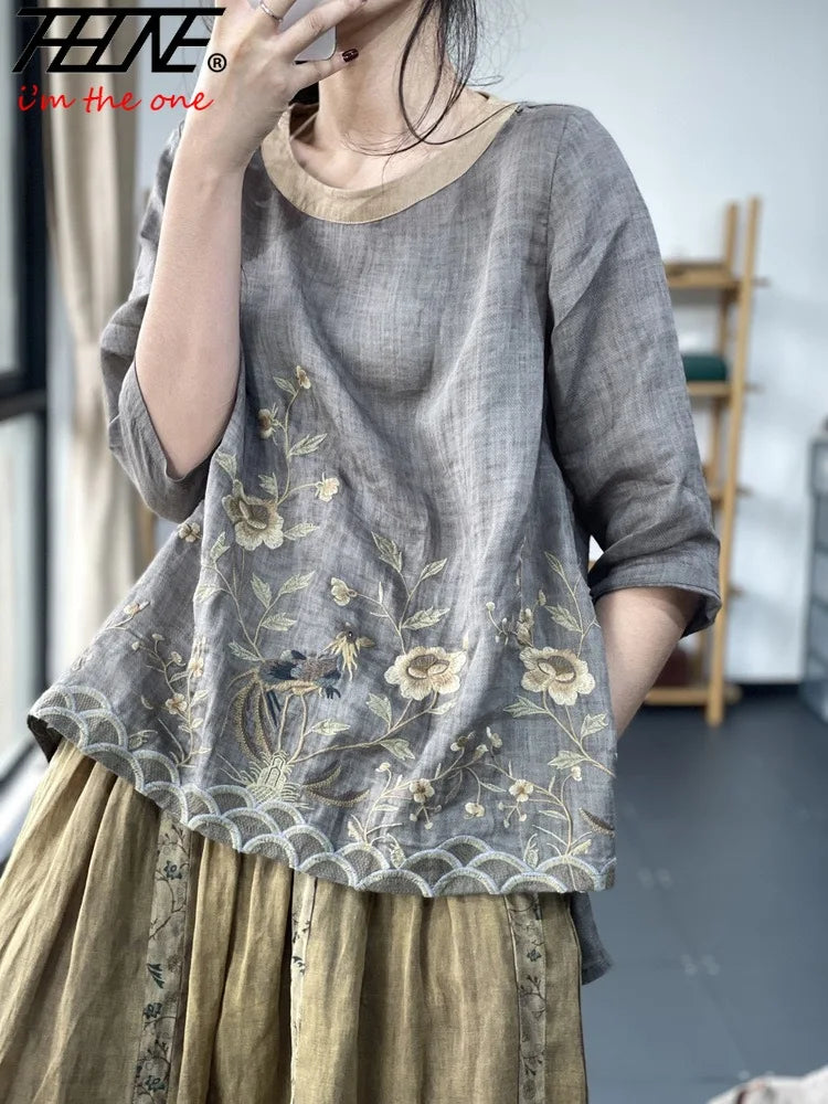 THHONE Summer Fashion Woman Tees 2025 Floral O-Neck T Shirt Tops Casual Vintage Patchwork Loose Embroidery Camisetas Top Mujer