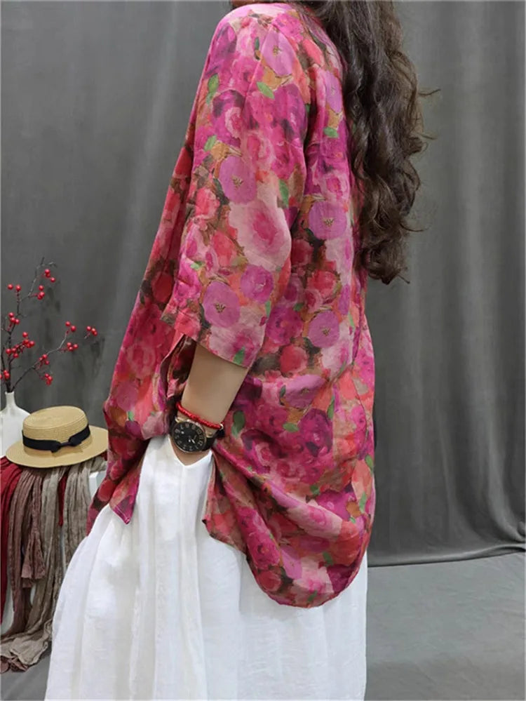 THHONE Fashion Woman Blouse Cotton Linen Casual Blusa Mujer Camisas Women's Clothing Summer Print Loose V-Neck Vintage Shirts