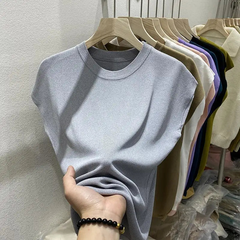 Women's T-shirt Summer O Neck Knitted Fashion Woman Blouse 2026 Short Sleeve Tees Solid Color Ice Silk Oversized T-shirt Women