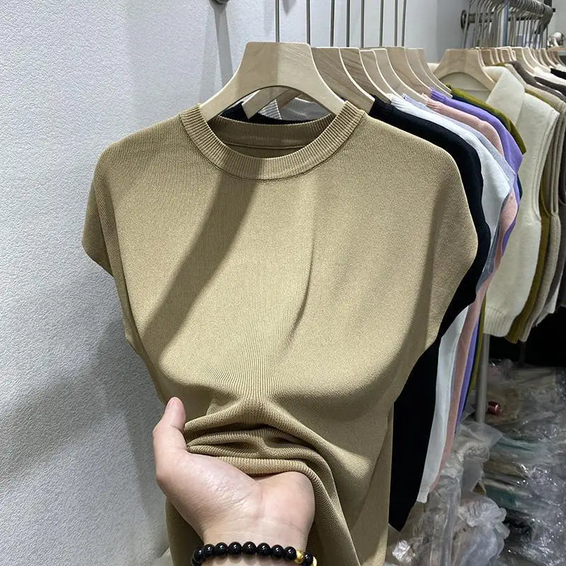 Women's T-shirt Summer O Neck Knitted Fashion Woman Blouse 2026 Short Sleeve Tees Solid Color Ice Silk Oversized T-shirt Women