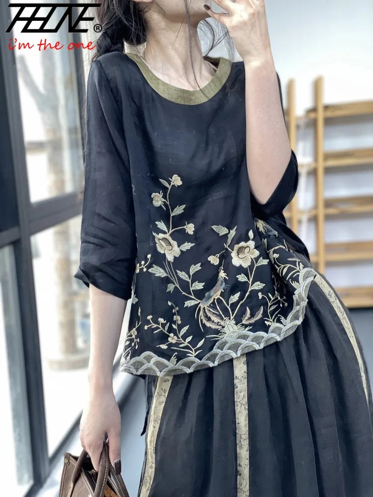 THHONE Summer Fashion Woman Tees 2025 Floral O-Neck T Shirt Tops Casual Vintage Patchwork Loose Embroidery Camisetas Top Mujer