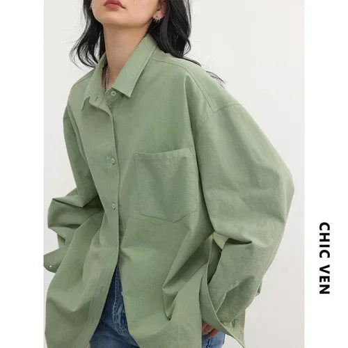CHIC VEN Korean Women's Long-sleeved Shirt Loose Woman Tops Fashion Woman Blouse Office Lady Coat 2025 Spring Autumn Clothing
