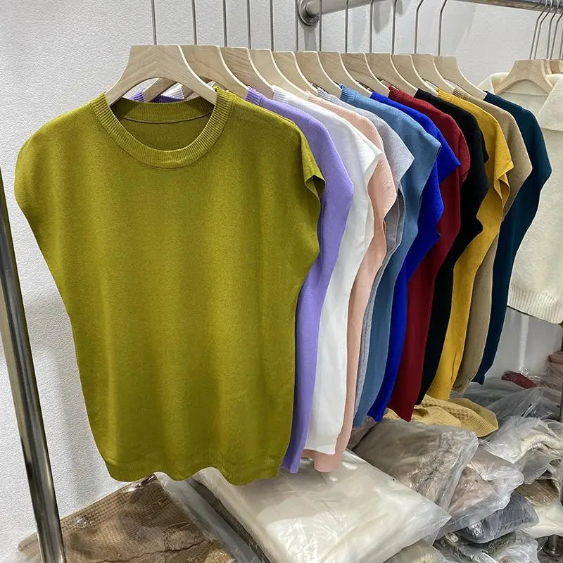 Women's T-shirt Summer O Neck Knitted Fashion Woman Blouse 2026 Short Sleeve Tees Solid Color Ice Silk Oversized T-shirt Women
