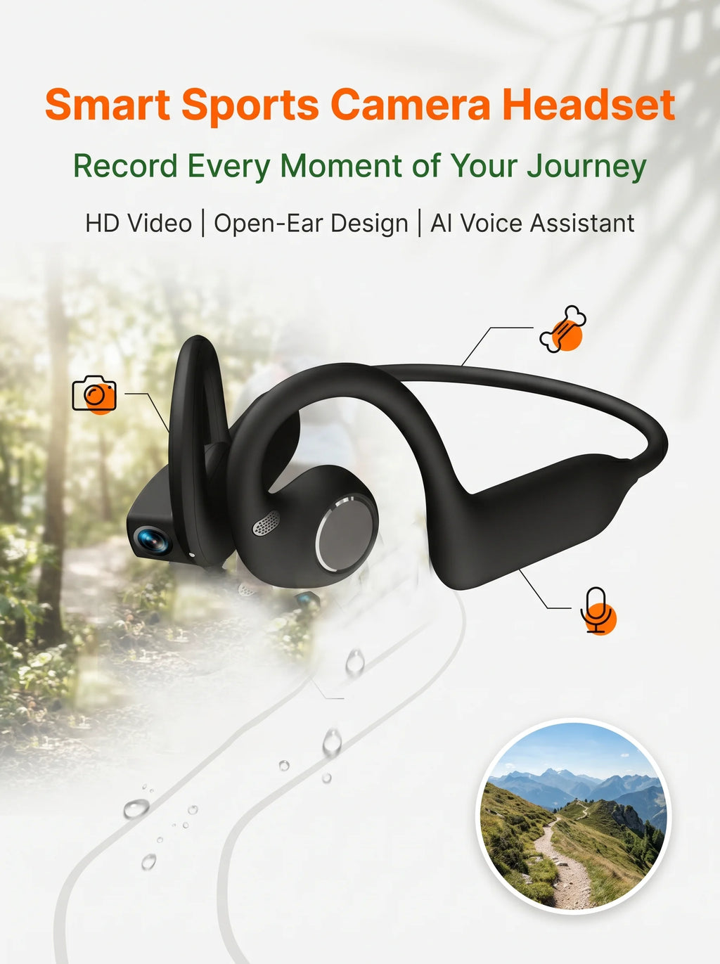 AI Camera Headphones 8MP HD Recording Smart AI Translation Ear Hanging Air Conduction Earphones Bluetooth Outdoor Cycling Record
