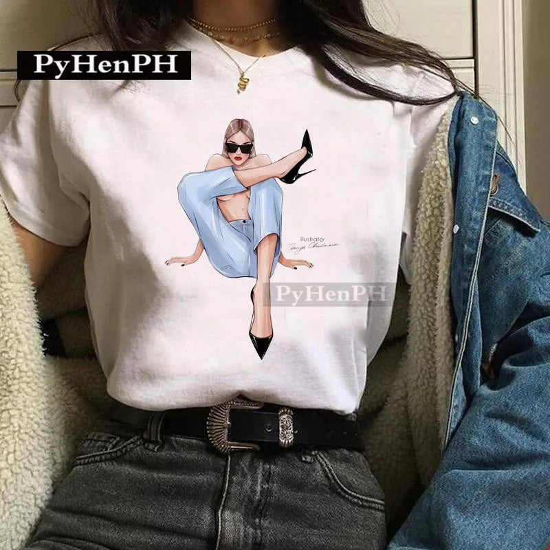 Fashion Girl T Shirt  A Stylish European and American Style Printed T-shirt Is A Great Summer Casual Friend for Women