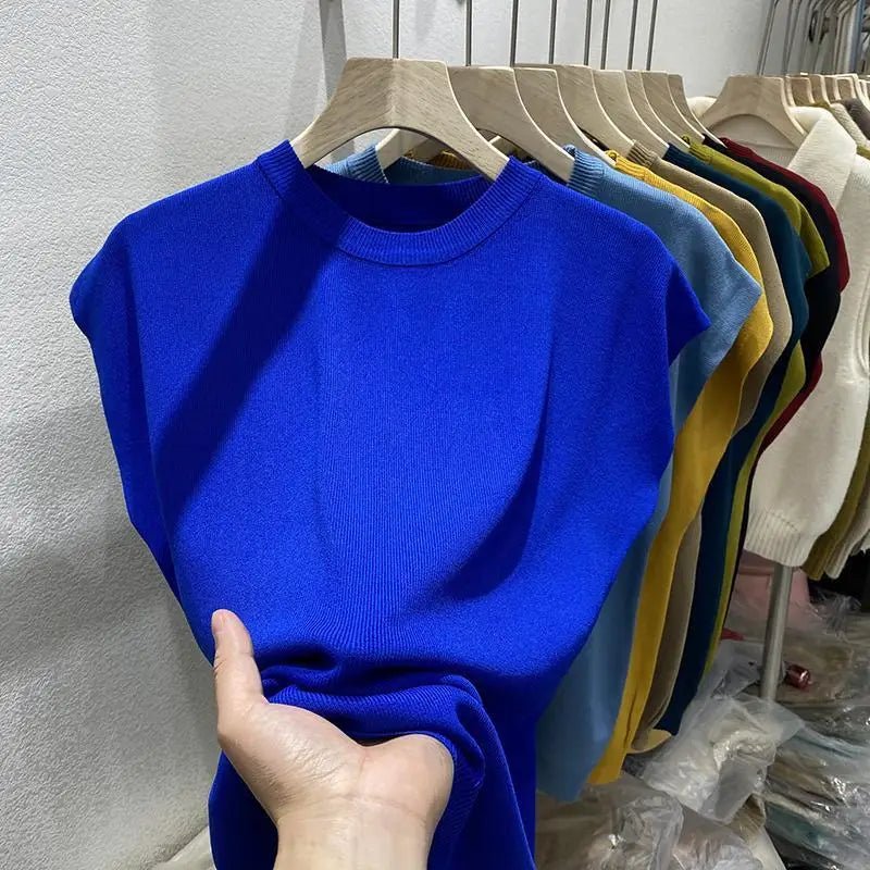 Women's T-shirt Summer O Neck Knitted Fashion Woman Blouse 2026 Short Sleeve Tees Solid Color Ice Silk Oversized T-shirt Women