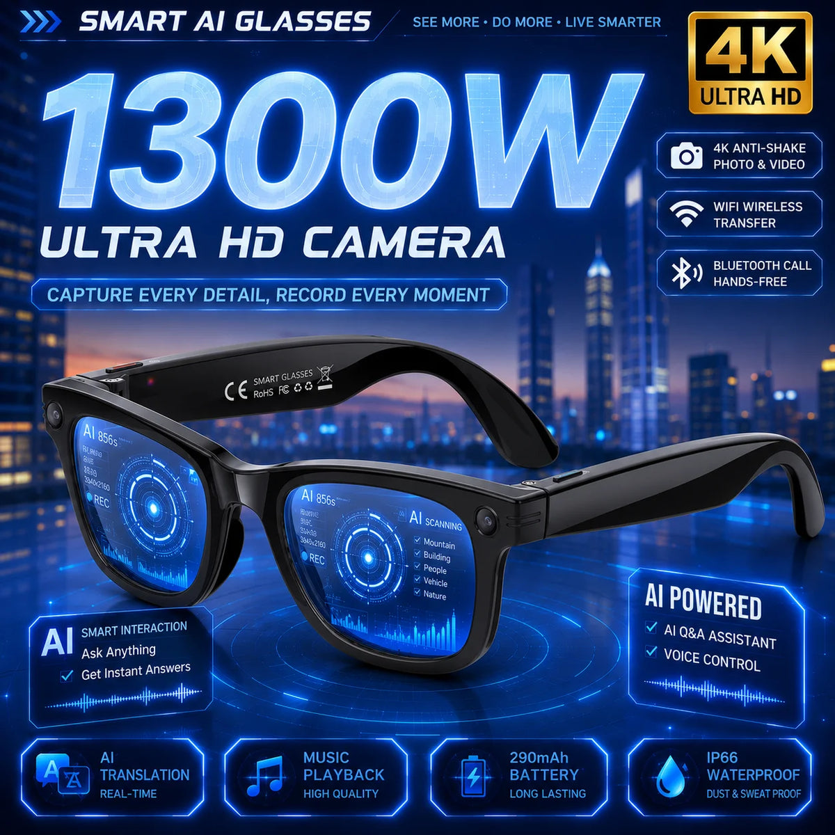 LIGE New AI Smart Glasses 1300W Pixel Camera 4K Video AI Translation Music Player BT Call Waterproof Color Change Sunglasses Men