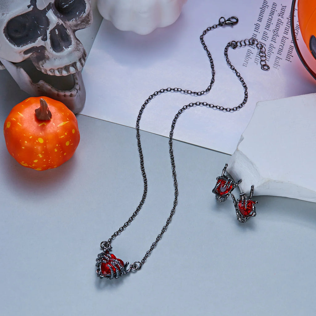 Halloween Skull Hand Jewelry Set for Women Black Red Crystal Heart Necklace Stud Earrings Gothic Party Accessories Jewelry Gift