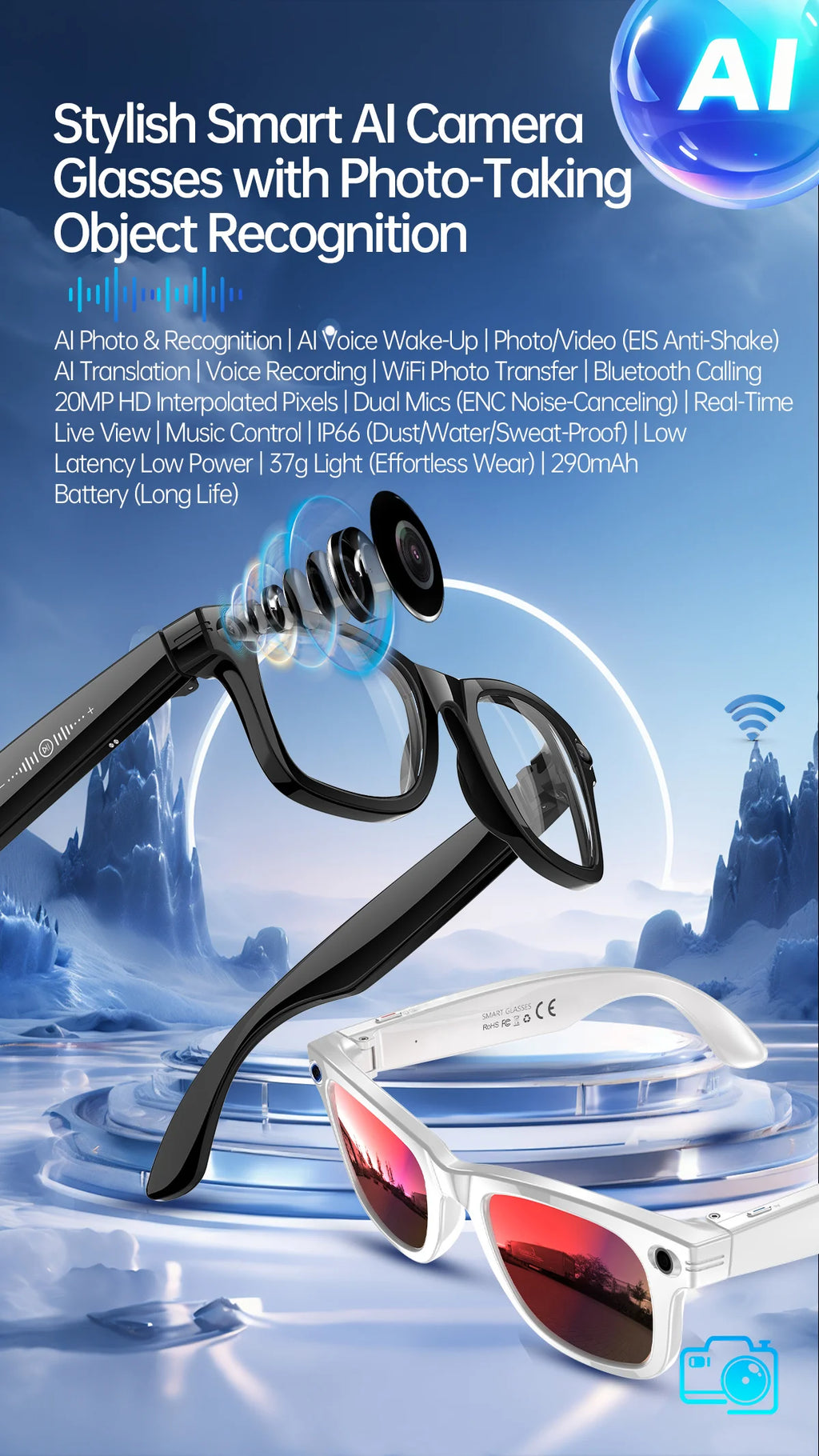 AI 5 Million Pixels Smart Glasses Recording Videos Photo Recognition Answer Translation 290mAh IP66 Waterproof Bluetooth Glasses