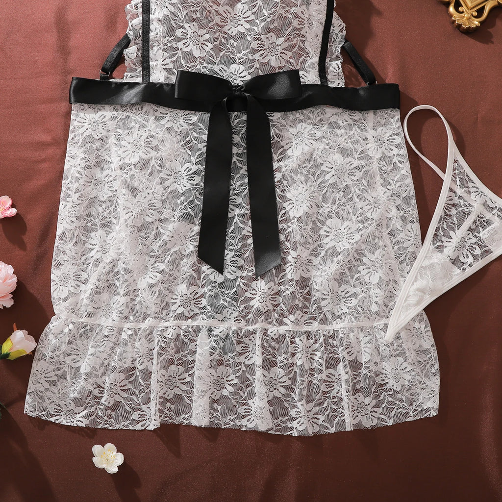 French Fashion Contrasting Heavy Industry Floral Square Collar Hollowed Out Perspective Lace Shapewear Suspender Maid Dress