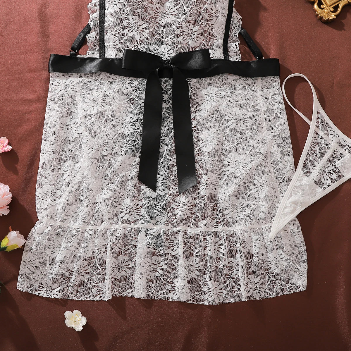 French Fashion Contrasting Heavy Industry Floral Square Collar Hollowed Out Perspective Lace Shapewear Suspender Maid Dress