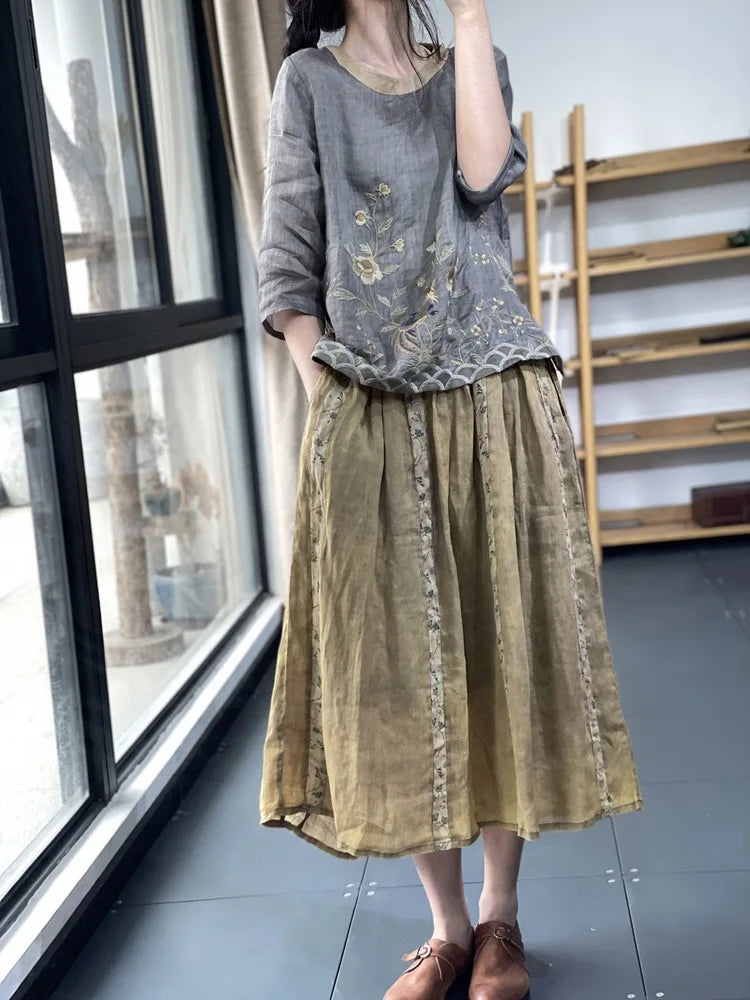 THHONE Summer Fashion Woman Tees 2025 Floral O-Neck T Shirt Tops Casual Vintage Patchwork Loose Embroidery Camisetas Top Mujer