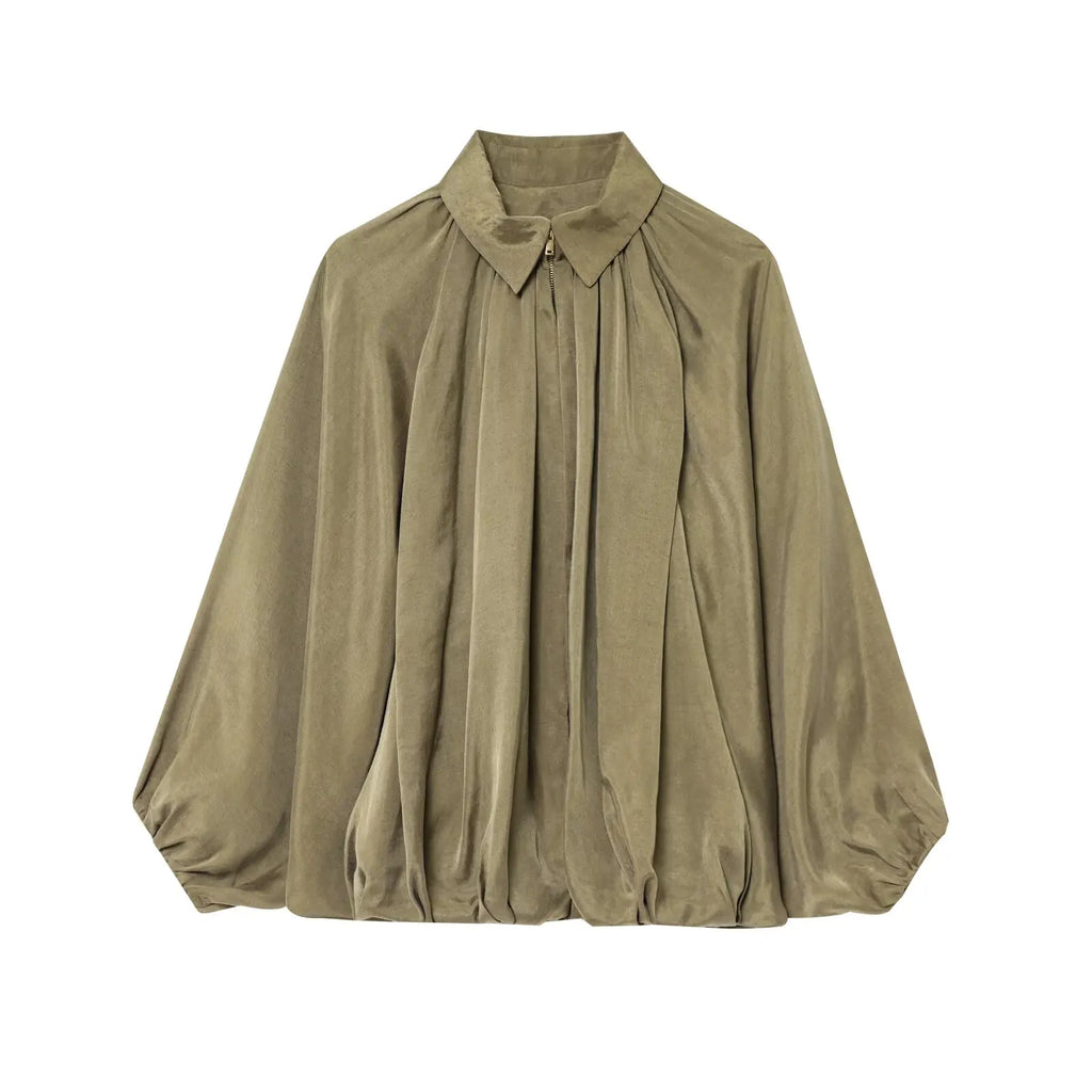 HH 2025 Fashion Woman Casual Zipper Design Solid Coat Spring Women Lapel Bat Sleeve Pleated Design Loose Jacket Top Mujer