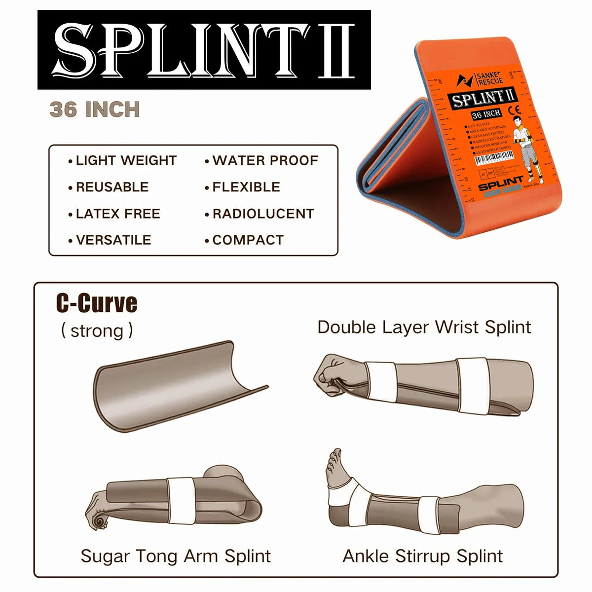 First Aid Splint 36/18'X4.3' SANKE RESCUE Wrist Thumb Support Brace Tendonitis Arthritis Ifak Protector Guard Right Left Hand