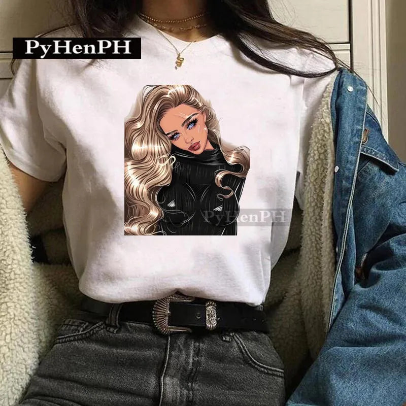 Fashion Girl T Shirt  A Stylish European and American Style Printed T-shirt Is A Great Summer Casual Friend for Women