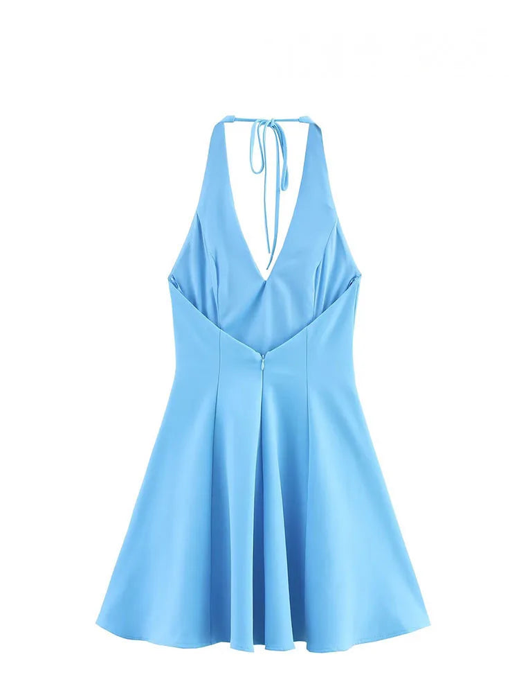 HH Women Summer Sexy V-Neck Sleeveless Backless Party Dress New Fashion Woman Solid Rear Zipper Pleated Short Dress Mujer