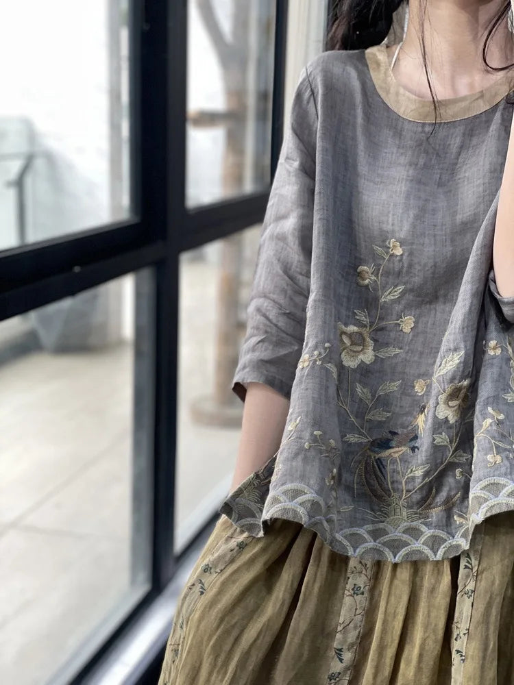 THHONE Summer Fashion Woman Tees 2025 Floral O-Neck T Shirt Tops Casual Vintage Patchwork Loose Embroidery Camisetas Top Mujer