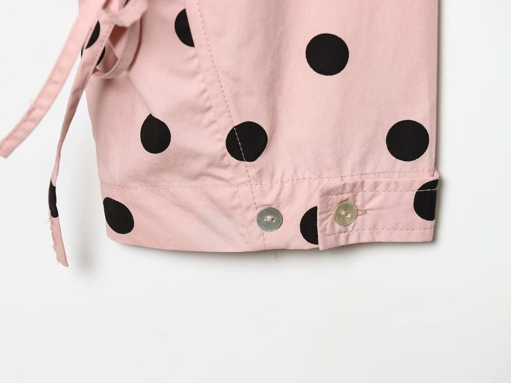 HH Spring Women Casual High Street Jacket Fashion Woman Long Sleeve Pink Polka Dot Jacket Single Breasted High Collar Short Coat