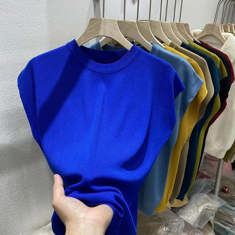 Women's T-shirt Summer O Neck Knitted Fashion Woman Blouse 2026 Short Sleeve Tees Solid Color Ice Silk Oversized T-shirt Women
