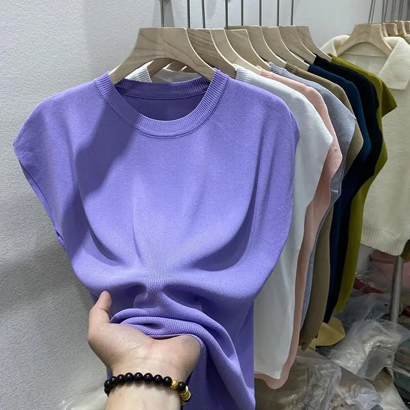 Women's T-shirt Summer O Neck Knitted Fashion Woman Blouse 2026 Short Sleeve Tees Solid Color Ice Silk Oversized T-shirt Women